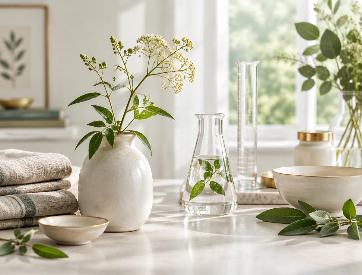 Botanische Pflanze und Laborgefäße in einer hellen Praxisumgebung